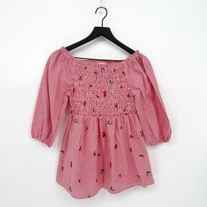 Grand & Greene Red Striped Embroidery Smock Blouse Small